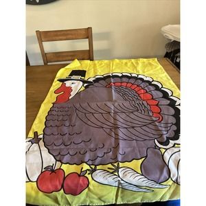 Vintage Turkey Pilgrim Yard Flag 28" x 40" Pumpkin Yellow Red Orange